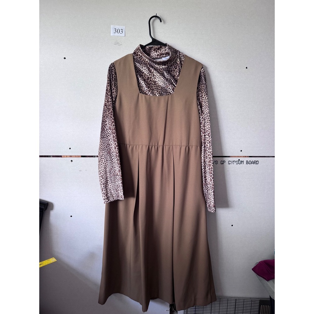 Parisian Works Brown Pinafore Dress & Leopard Mock Neck Top Set Large Animal
